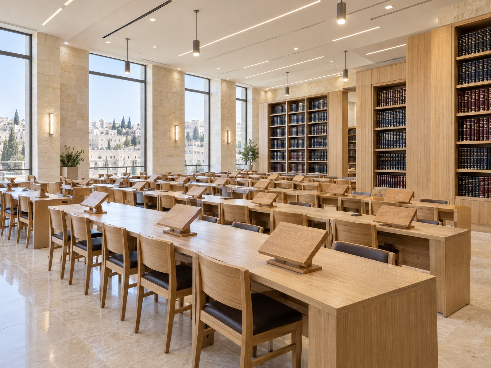 A bright, modern Jerusalem-stone beit midrash with light wood tables, shtenders and shelves of seforim